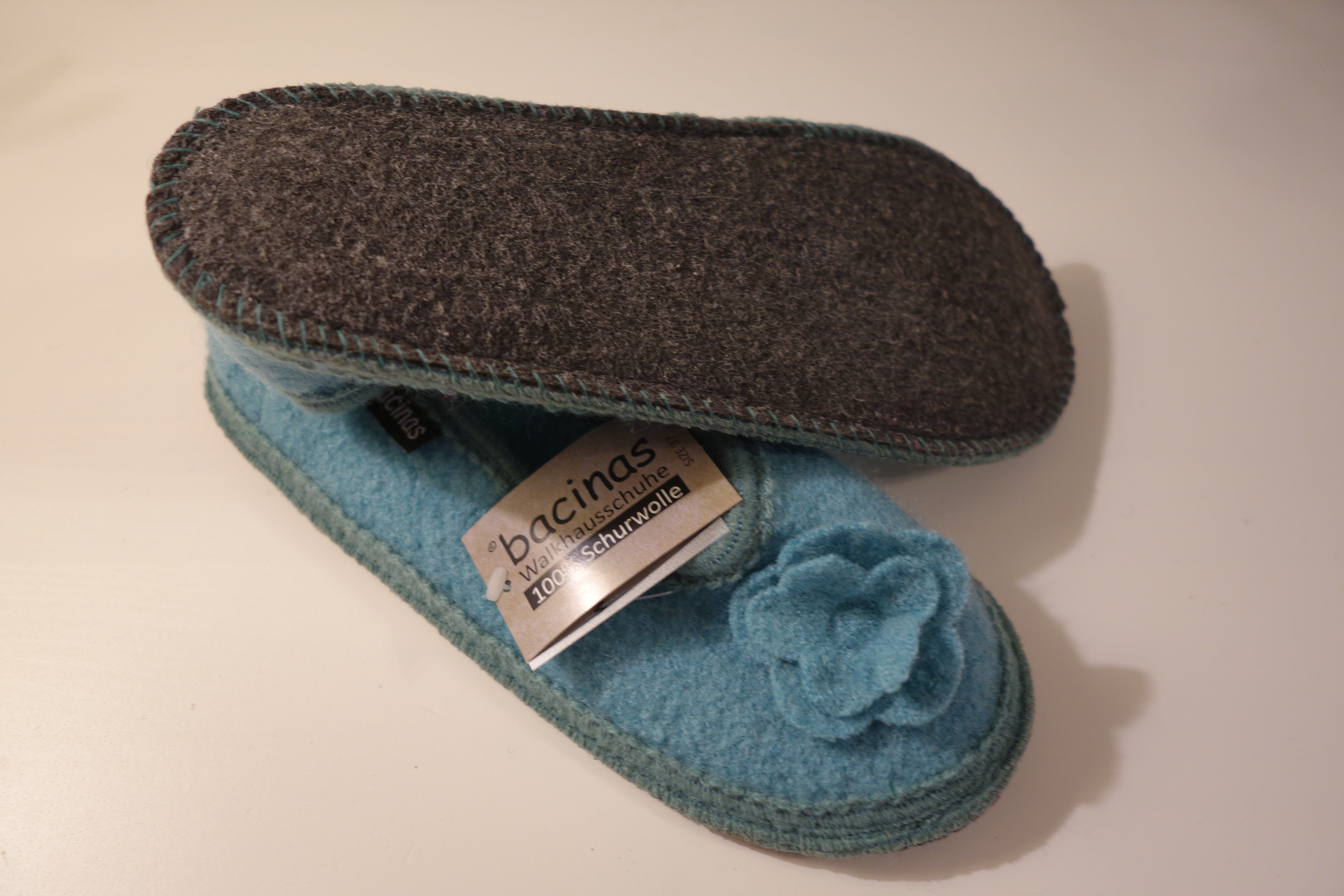 bacinas Hausschuhe - Hausballerina aus gewalkter Schafwolle mineralgrün 37 - 41